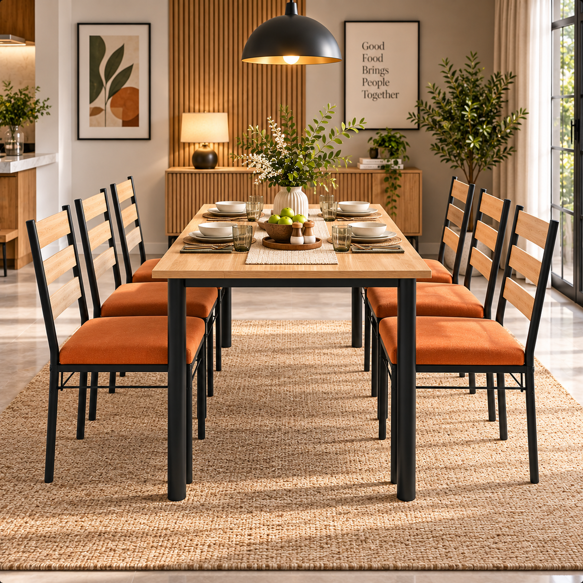 6 Seater Dining Table Set for Home | 60 × 36 Inch Wooden Finish Dining Table with 6 Orange Cushioned Chairs | Strong Black Metal Frame | Modern Dining Set for 6