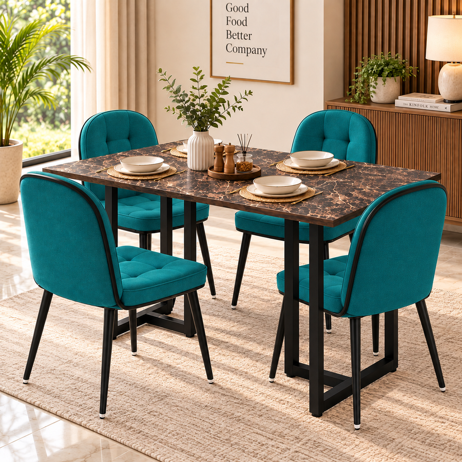 ANISHWAR 4 Seater Dining Table Set with 4 Cushioned Chairs | 48 × 30 × 30 Inch Dining Table | Premium MDF Marble Finish Top | Strong Metal Frame