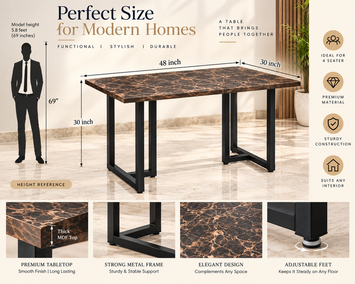 ANISHWAR 4 Seater Dining Table Set with 4 Cushioned Chairs | 48 × 30 × 30 Inch Dining Table | Premium MDF Marble Finish Top | Strong Metal Frame