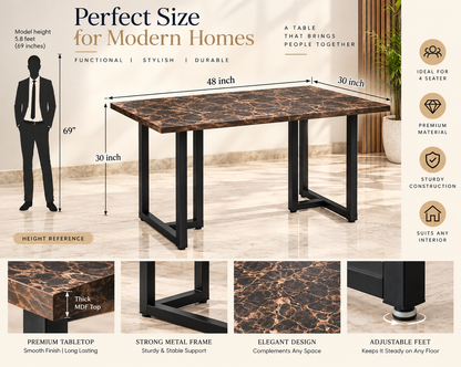 ANISHWAR 4 Seater Dining Table Set with 4 Cushioned Chairs | 48 × 30 × 30 Inch Dining Table | Premium MDF Marble Finish Top | Strong Metal Frame
