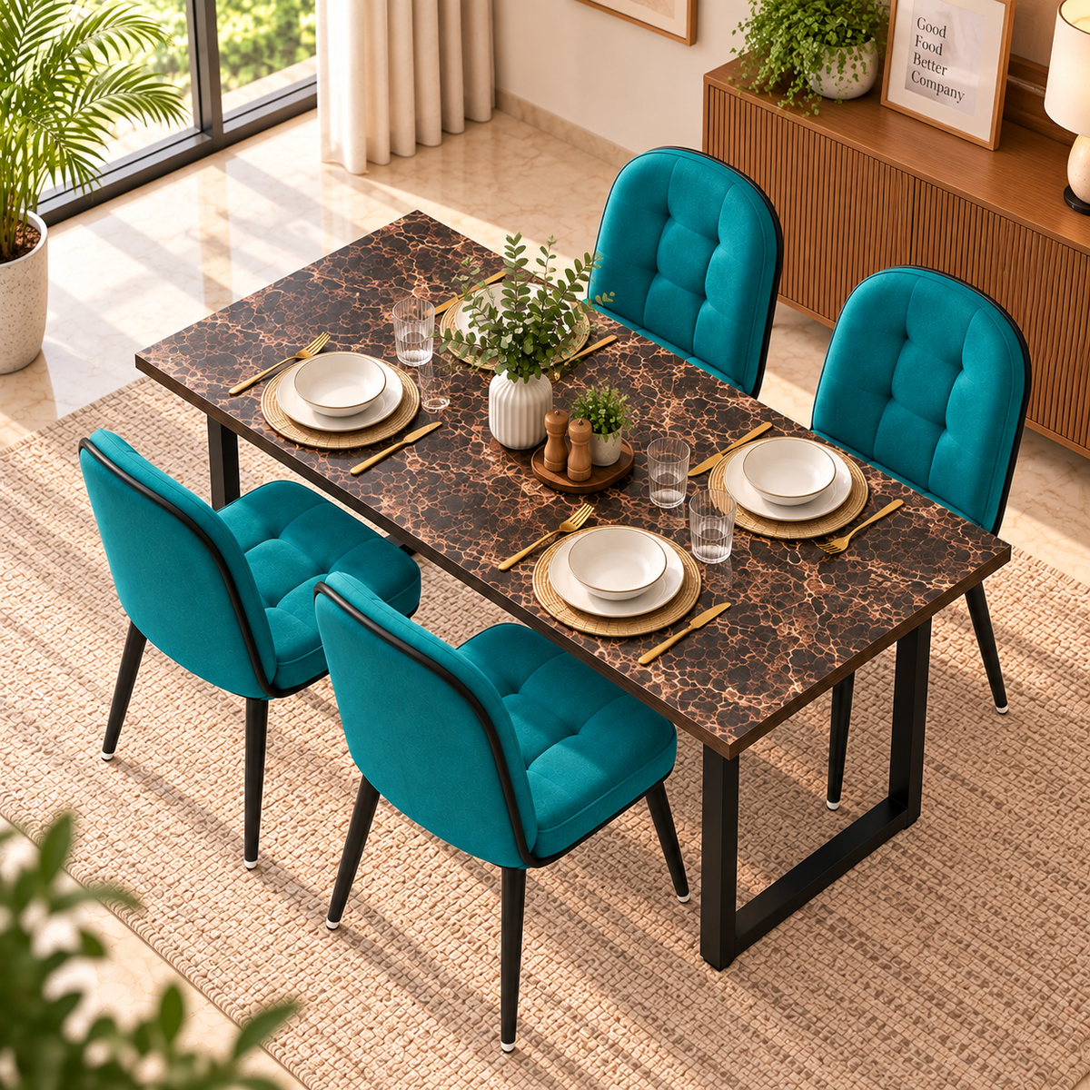 ANISHWAR 4 Seater Dining Table Set with 4 Cushioned Chairs | 48 × 30 × 30 Inch Dining Table | Premium MDF Marble Finish Top | Strong Metal Frame