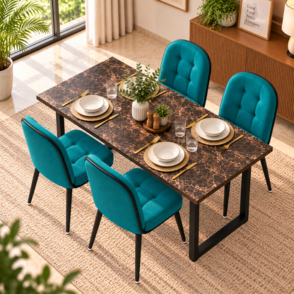 ANISHWAR 4 Seater Dining Table Set with 4 Cushioned Chairs | 48 × 30 × 30 Inch Dining Table | Premium MDF Marble Finish Top | Strong Metal Frame