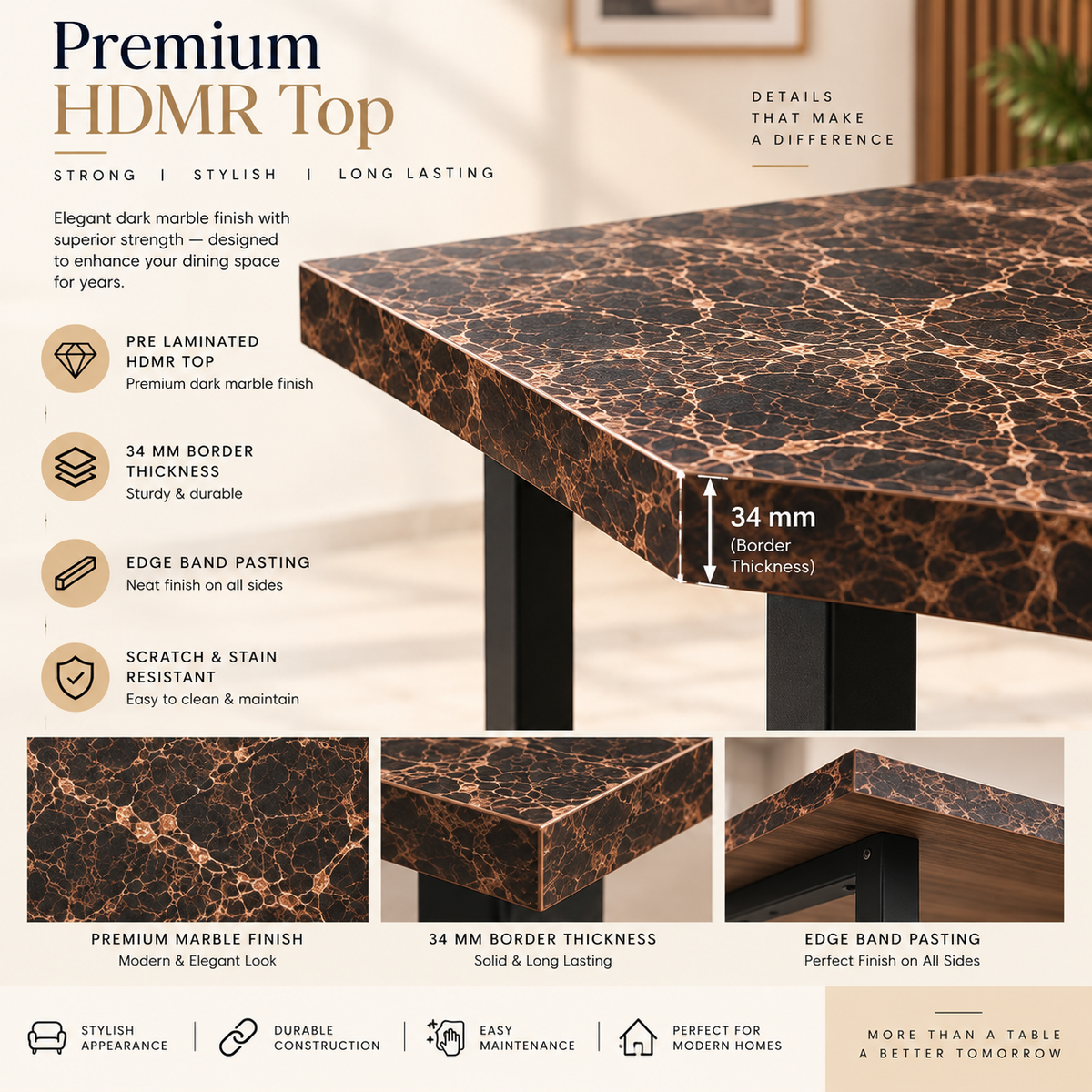 ANISHWAR 4 Seater Dining Table Set with 4 Cushioned Chairs | 48 × 30 × 30 Inch Dining Table | Premium MDF Marble Finish Top | Strong Metal Frame