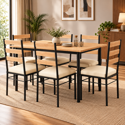 6 Seater Dining Table Set for 6 | Modern Dining Table with Cushioned Chairs | Strong Metal Frame with Wooden Finish Top | 59 × 35.5 Inches | Dining Set for Home