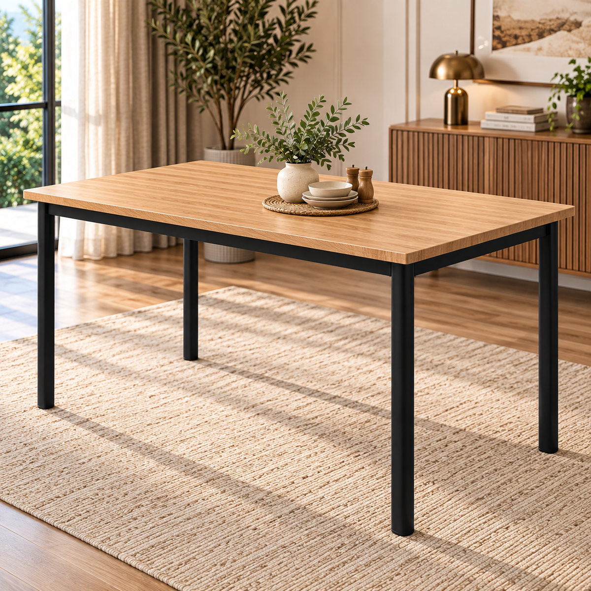4 Seater Dining Table Set for Home | 48 × 30 Inch Wooden Finish Dining Table with 4 Grey Cushioned Chairs | Strong Black Metal Frame | Modern Dining Set for 4