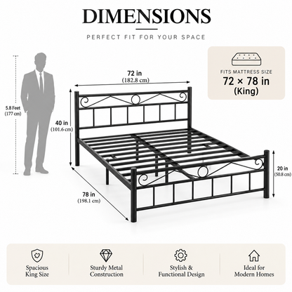 ANISHWAR King Size Metal Bed for Bedroom | 72 × 78 Inch King Bed Frame | Strong Metal Construction with Stylish Decorative Headboard & Footboard | Modern Double Bed for Home