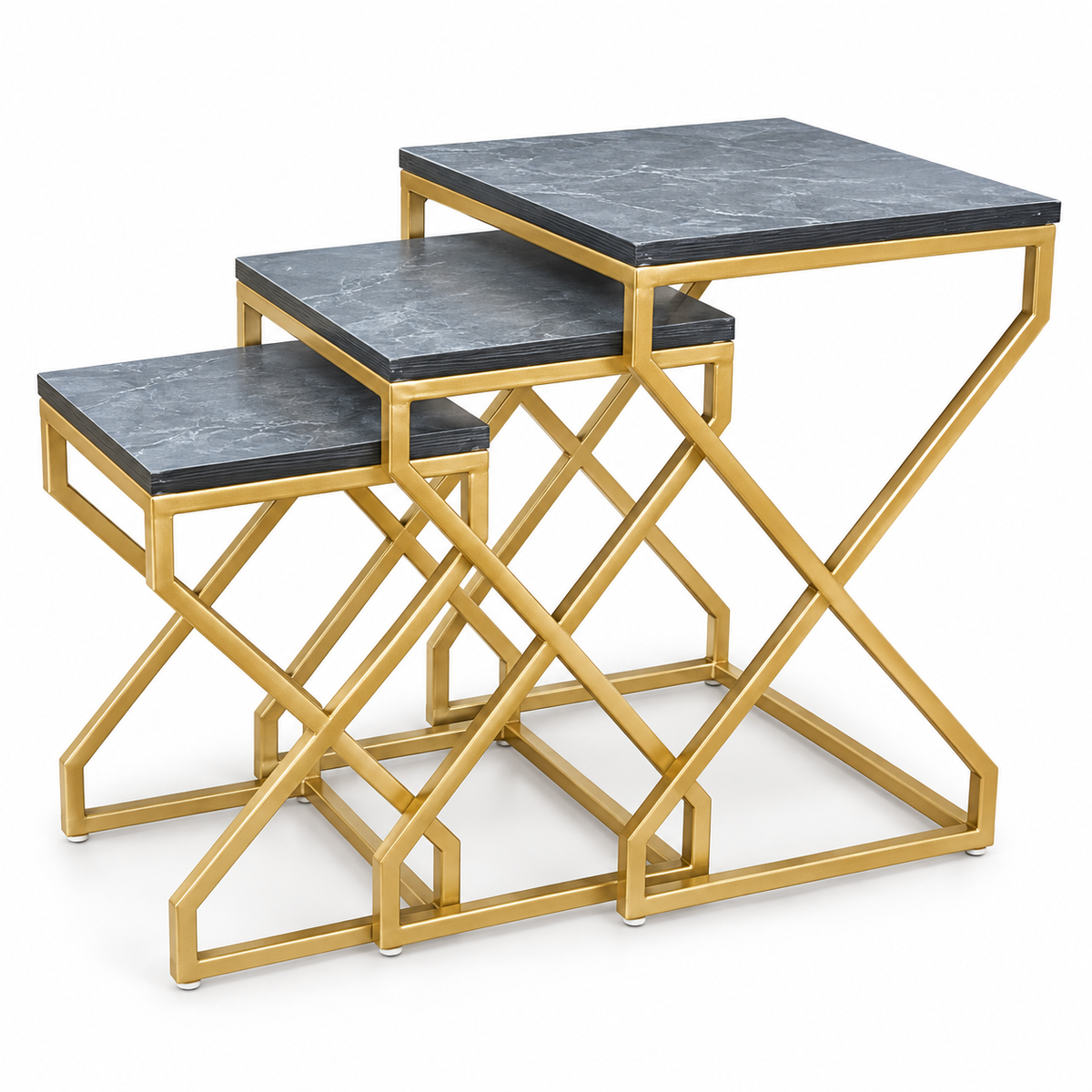 ANISHWAR X-Design Nesting Side Tables Set of 3 | Small, Medium & Large | Dark Marble Finish Laminated MDF Top | Gold Metal Frame | Modern Accent Tables for Living Room & Bedroom | Pre-Assembled