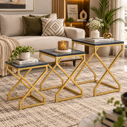 ANISHWAR X-Design Nesting Side Tables Set of 3 | Small, Medium & Large | Dark Marble Finish Laminated MDF Top | Gold Metal Frame | Modern Accent Tables for Living Room & Bedroom | Pre-Assembled
