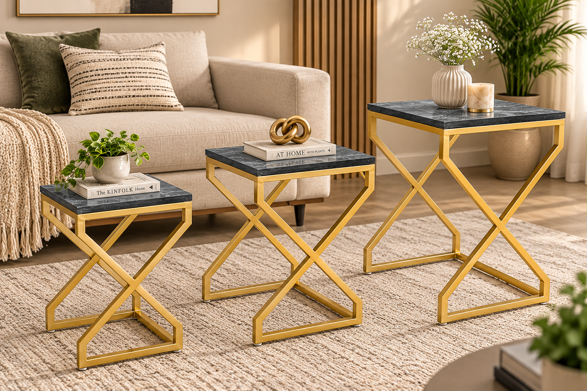ANISHWAR X-Design Nesting Side Tables Set of 3 | Small, Medium & Large | Dark Marble Finish Laminated MDF Top | Gold Metal Frame | Modern Accent Tables for Living Room & Bedroom | Pre-Assembled