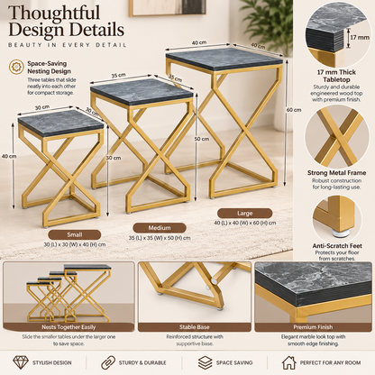 ANISHWAR X-Design Nesting Side Tables Set of 3 | Small, Medium & Large | Dark Marble Finish Laminated MDF Top | Gold Metal Frame | Modern Accent Tables for Living Room & Bedroom | Pre-Assembled