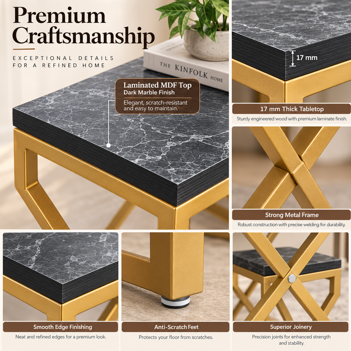 ANISHWAR X-Design Nesting Side Tables Set of 3 | Small, Medium & Large | Dark Marble Finish Laminated MDF Top | Gold Metal Frame | Modern Accent Tables for Living Room & Bedroom | Pre-Assembled