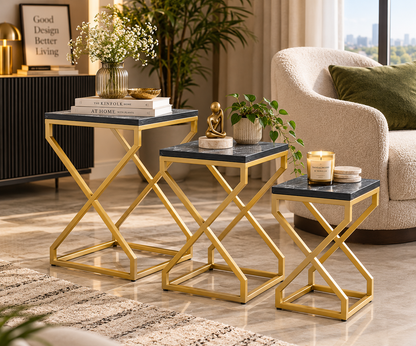 ANISHWAR X-Design Nesting Side Tables Set of 3 | Small, Medium & Large | Dark Marble Finish Laminated MDF Top | Gold Metal Frame | Modern Accent Tables for Living Room & Bedroom | Pre-Assembled