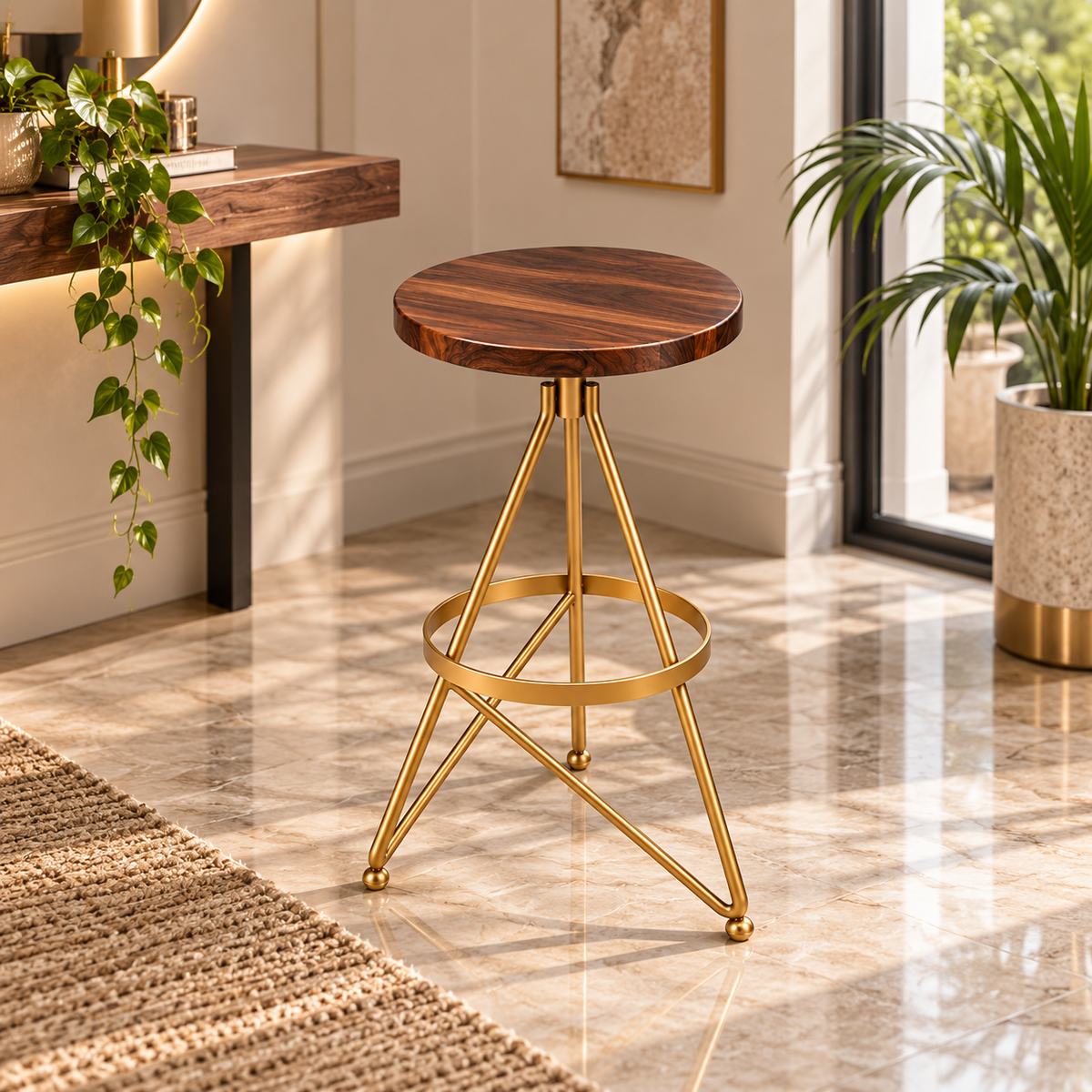 ANISHWAR Round Side Table | 25 Inch Golden Metal Frame with Wooden Finish MDF Top | Modern Accent Table for Living Room, Bedroom & Home Decor