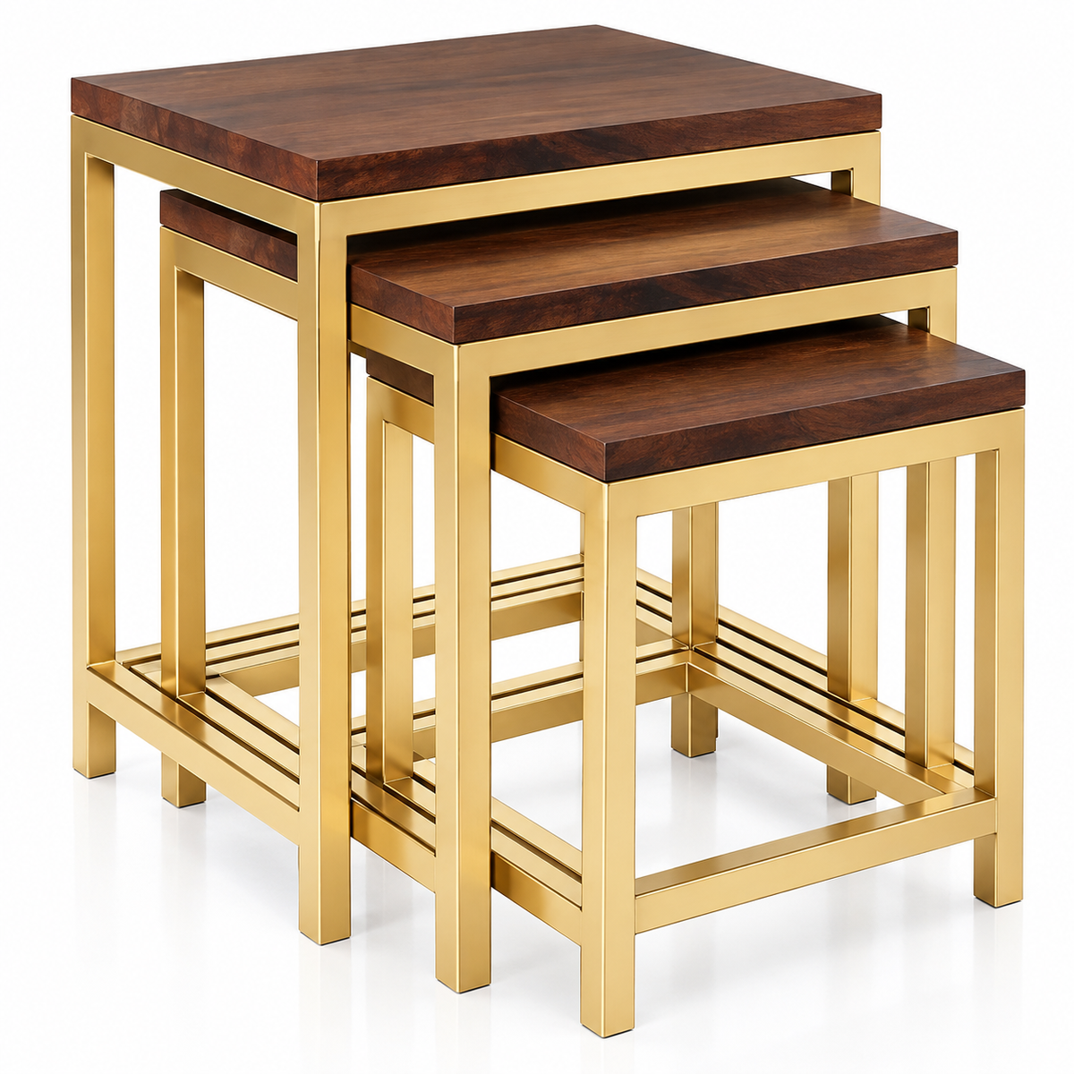 ANISHWAR 3 Piece Nesting Side Table Set for Living Room | Golden Metal Frame with Wooden Finish MDF Top | 3 Different Sizes | Space Saving Stackable End Tables for Sofa & Bedroom