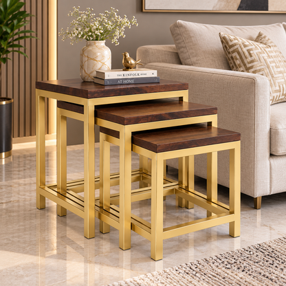 ANISHWAR 3 Piece Nesting Side Table Set for Living Room | Golden Metal Frame with Wooden Finish MDF Top | 3 Different Sizes | Space Saving Stackable End Tables for Sofa & Bedroom