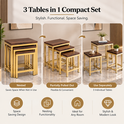 ANISHWAR 3 Piece Nesting Side Table Set for Living Room | Golden Metal Frame with Wooden Finish MDF Top | 3 Different Sizes | Space Saving Stackable End Tables for Sofa & Bedroom