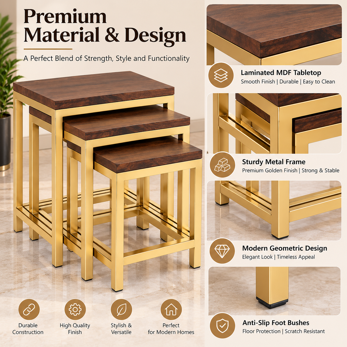ANISHWAR 3 Piece Nesting Side Table Set for Living Room | Golden Metal Frame with Wooden Finish MDF Top | 3 Different Sizes | Space Saving Stackable End Tables for Sofa & Bedroom