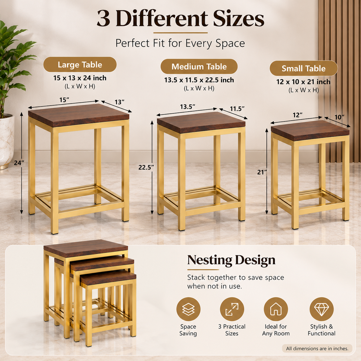 ANISHWAR 3 Piece Nesting Side Table Set for Living Room | Golden Metal Frame with Wooden Finish MDF Top | 3 Different Sizes | Space Saving Stackable End Tables for Sofa & Bedroom