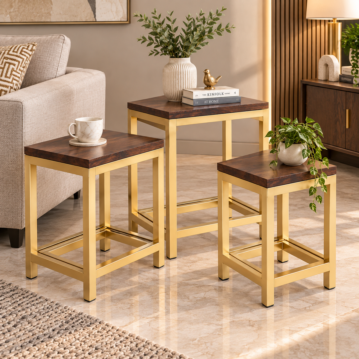 ANISHWAR 3 Piece Nesting Side Table Set for Living Room | Golden Metal Frame with Wooden Finish MDF Top | 3 Different Sizes | Space Saving Stackable End Tables for Sofa & Bedroom