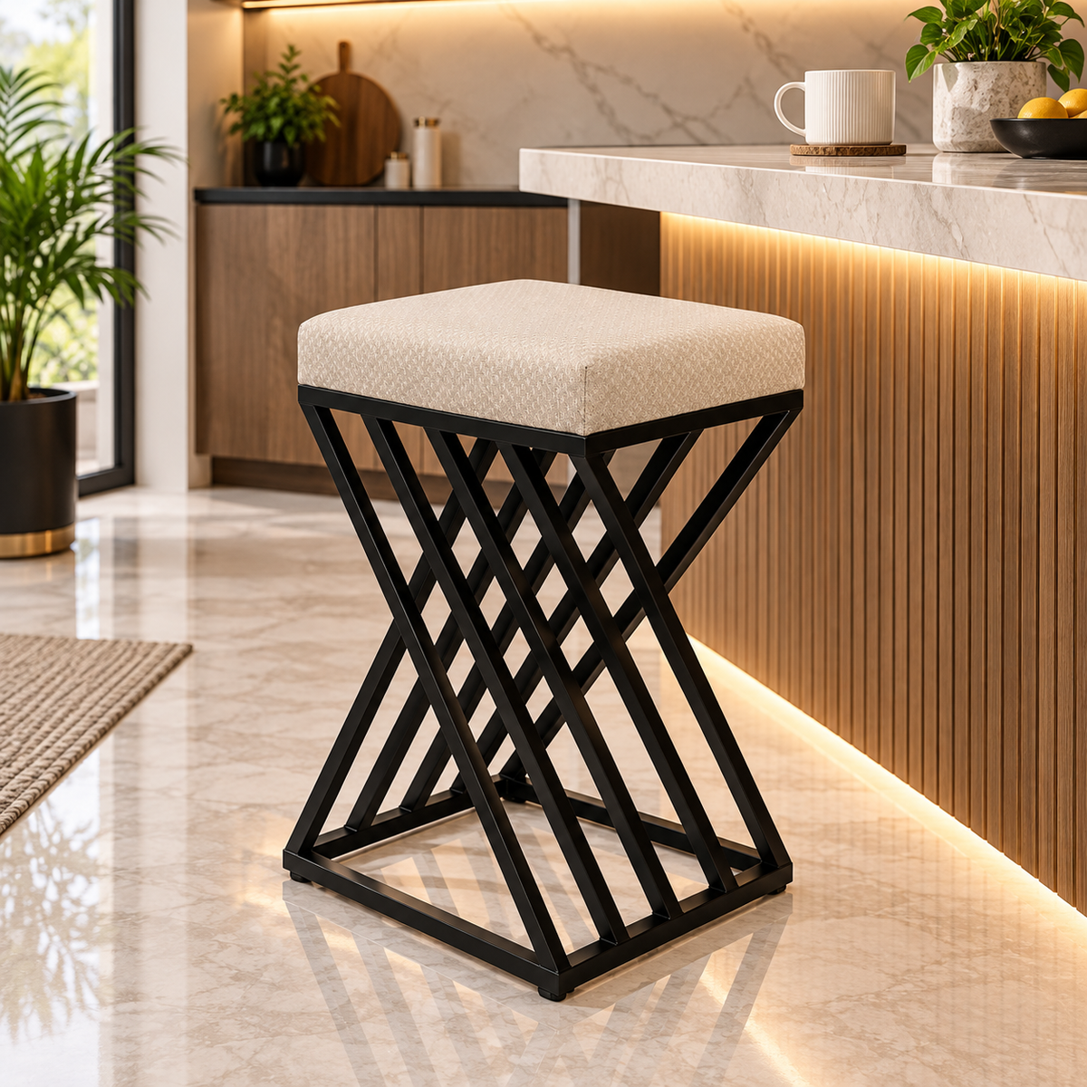 ANISHWAR X-Design Accent Stool | 24 Inch Black Metal Frame with Cushioned Seat | Modern Ottoman Stool for Living Room, Bedroom & Dressing Area