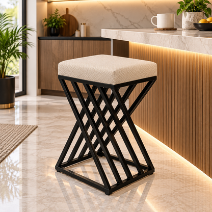 ANISHWAR X-Design Accent Stool | 24 Inch Black Metal Frame with Cushioned Seat | Modern Ottoman Stool for Living Room, Bedroom & Dressing Area
