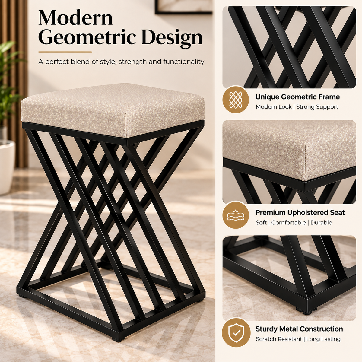 ANISHWAR X-Design Accent Stool | 24 Inch Black Metal Frame with Cushioned Seat | Modern Ottoman Stool for Living Room, Bedroom & Dressing Area