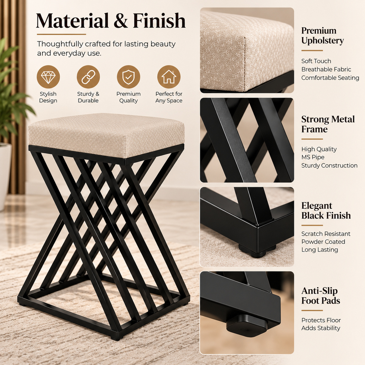 ANISHWAR X-Design Accent Stool | 24 Inch Black Metal Frame with Cushioned Seat | Modern Ottoman Stool for Living Room, Bedroom & Dressing Area