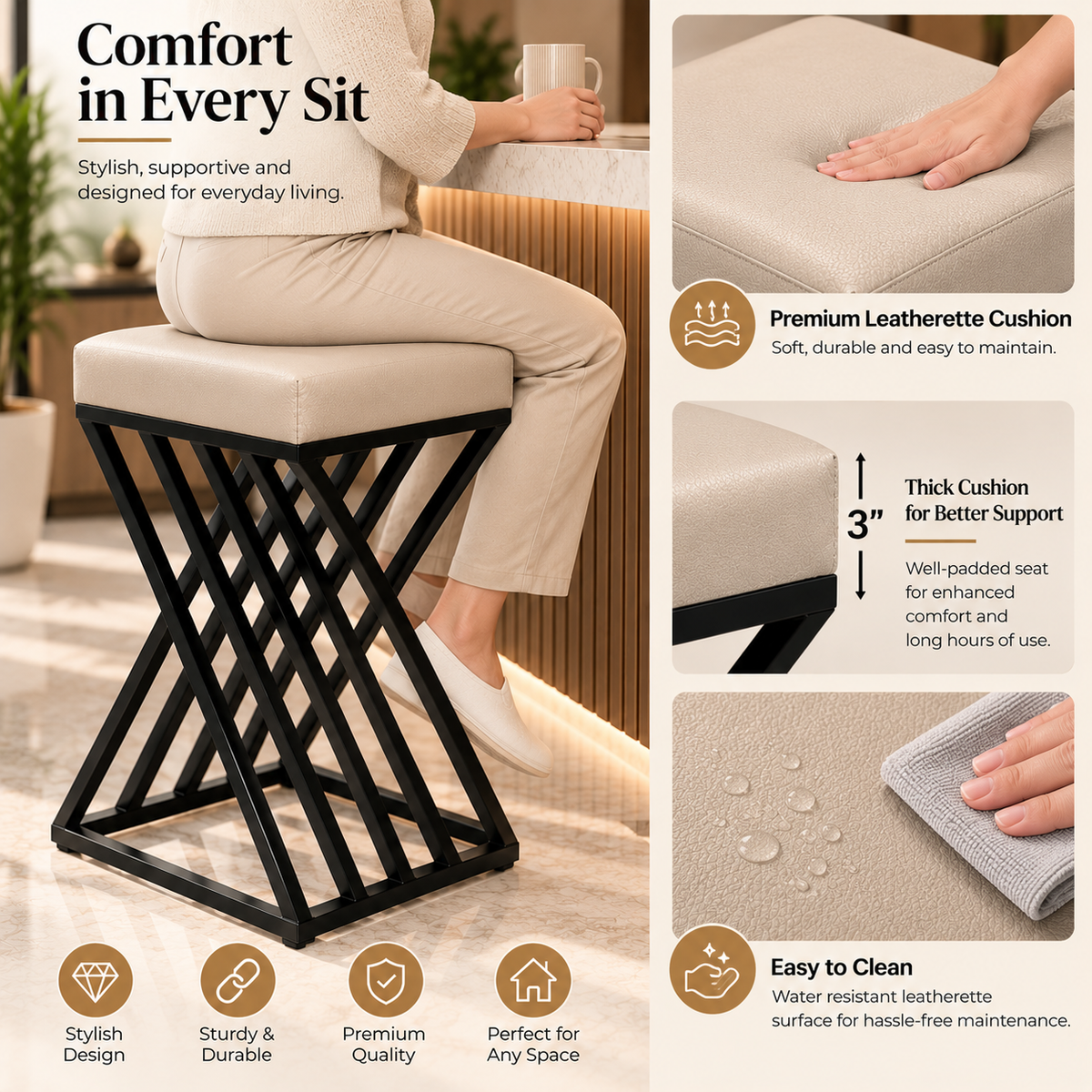 ANISHWAR X-Design Accent Stool | 24 Inch Black Metal Frame with Cushioned Seat | Modern Ottoman Stool for Living Room, Bedroom & Dressing Area