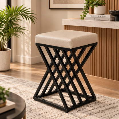 ANISHWAR X-Design Accent Stool | 24 Inch Black Metal Frame with Cushioned Seat | Modern Ottoman Stool for Living Room, Bedroom & Dressing Area