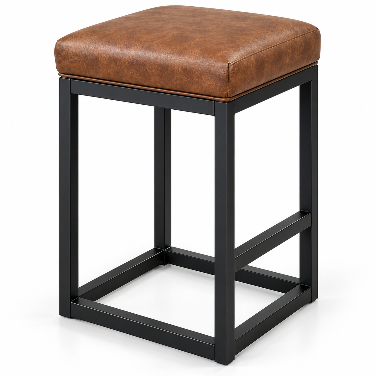 ANISHWAR 24 Inch Cushioned Metal Stool for Home | 15 × 14 Inch Brown Padded Seat Stool | Strong Black Metal Frame | Kitchen, Dining & Bar Stool for Home