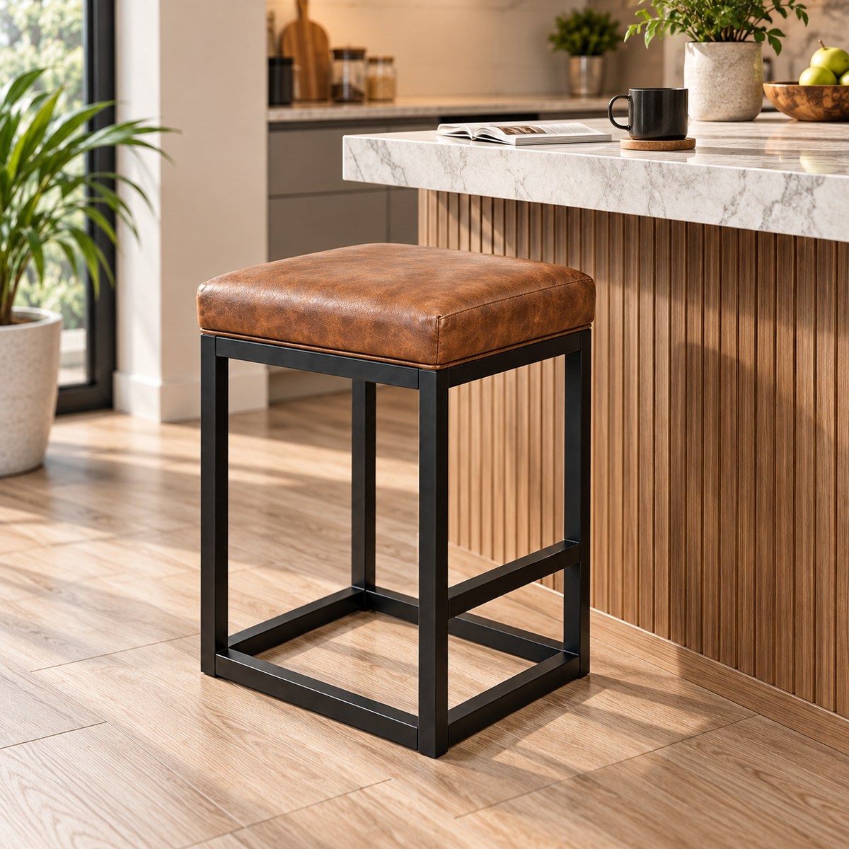 ANISHWAR 24 Inch Cushioned Metal Stool for Home | 15 × 14 Inch Brown Padded Seat Stool | Strong Black Metal Frame | Kitchen, Dining & Bar Stool for Home