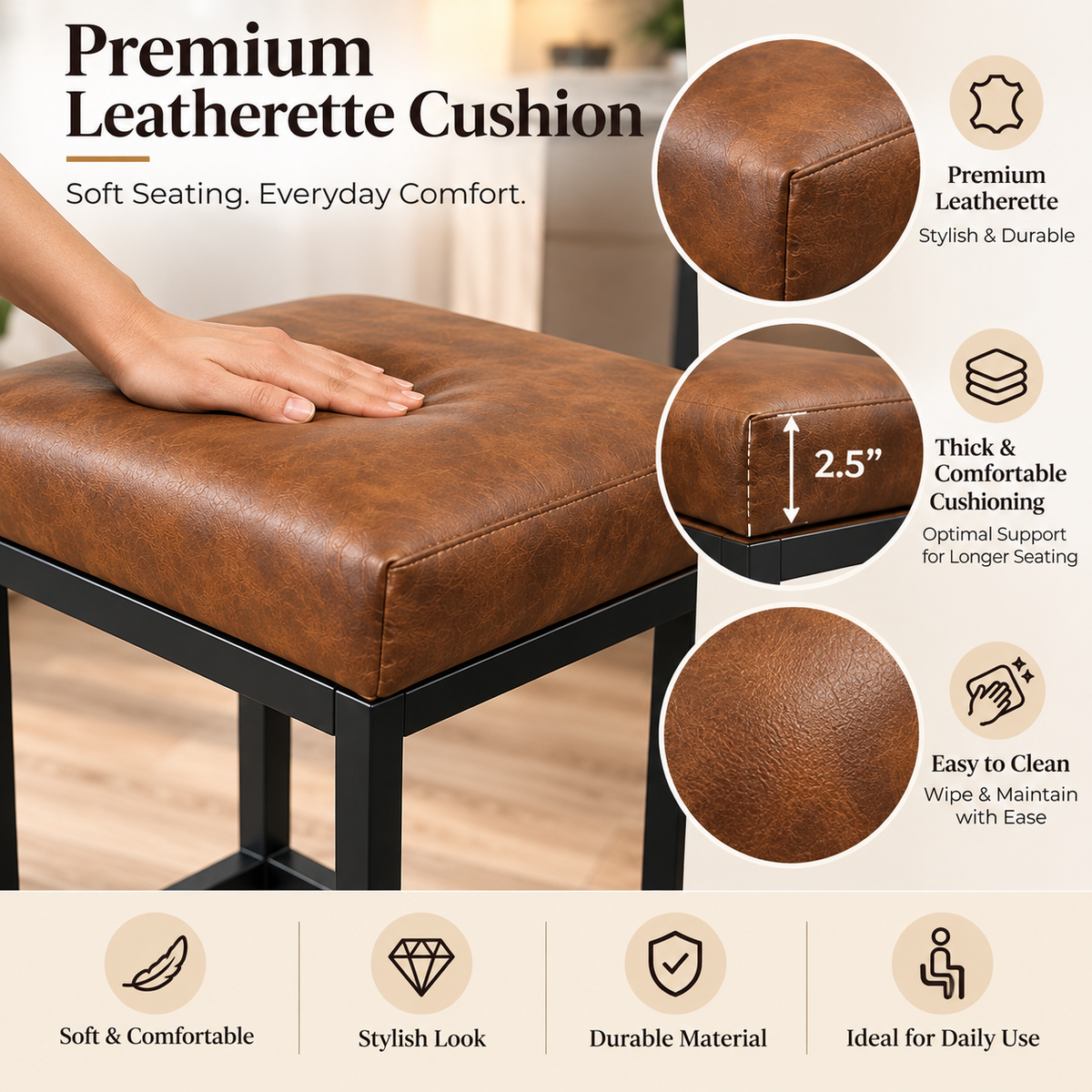 ANISHWAR 24 Inch Cushioned Metal Stool for Home | 15 × 14 Inch Brown Padded Seat Stool | Strong Black Metal Frame | Kitchen, Dining & Bar Stool for Home