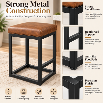 ANISHWAR 24 Inch Cushioned Metal Stool for Home | 15 × 14 Inch Brown Padded Seat Stool | Strong Black Metal Frame | Kitchen, Dining & Bar Stool for Home
