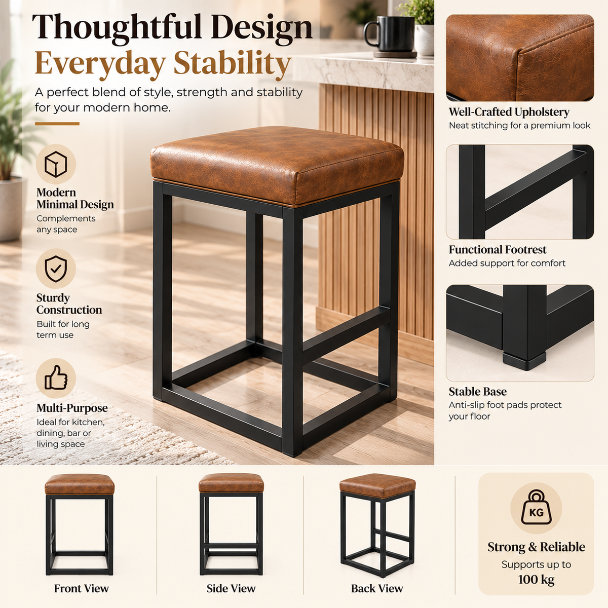 ANISHWAR 24 Inch Cushioned Metal Stool for Home | 15 × 14 Inch Brown Padded Seat Stool | Strong Black Metal Frame | Kitchen, Dining & Bar Stool for Home
