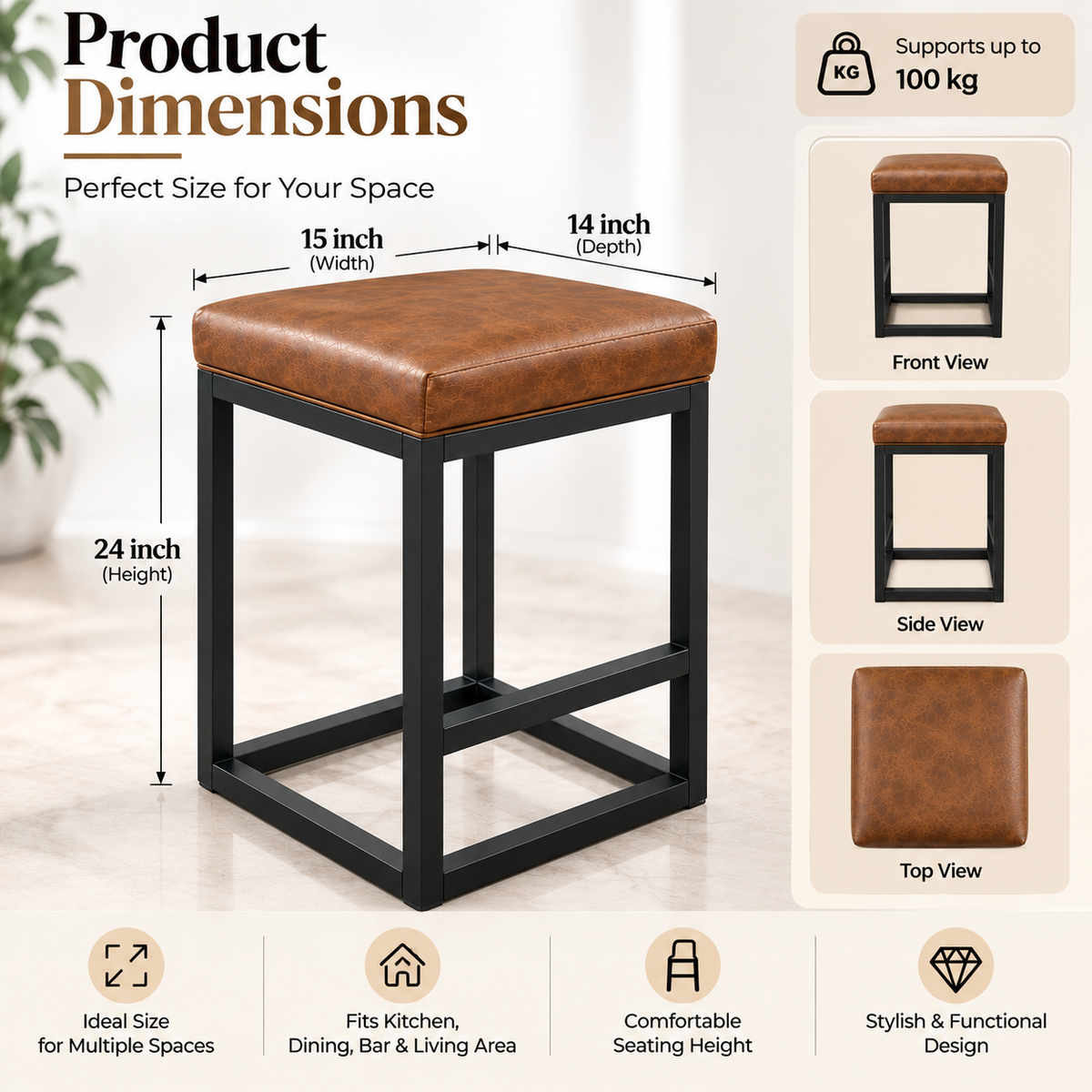 ANISHWAR 24 Inch Cushioned Metal Stool for Home | 15 × 14 Inch Brown Padded Seat Stool | Strong Black Metal Frame | Kitchen, Dining & Bar Stool for Home