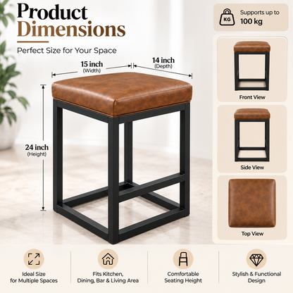 ANISHWAR 24 Inch Cushioned Metal Stool for Home | 15 × 14 Inch Brown Padded Seat Stool | Strong Black Metal Frame | Kitchen, Dining & Bar Stool for Home