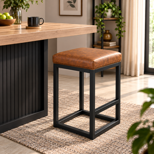 ANISHWAR 24 Inch Cushioned Metal Stool for Home | 15 × 14 Inch Brown Padded Seat Stool | Strong Black Metal Frame | Kitchen, Dining & Bar Stool for Home