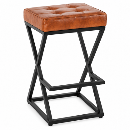 ANISHWAR 25 Inch Cushioned Metal Stool | Brown Tufted Seat with Black Metal Frame | Heavy Duty Stool for Kitchen, Home & Bar | Pre-Assembled