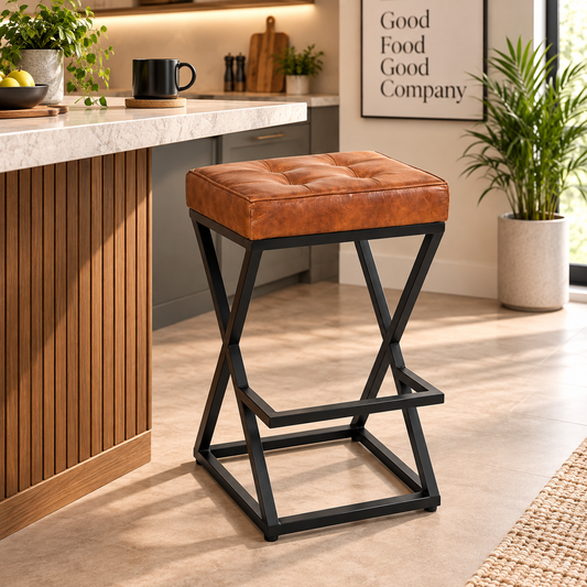 ANISHWAR 25 Inch Cushioned Metal Stool | Brown Tufted Seat with Black Metal Frame | Heavy Duty Stool for Kitchen, Home & Bar | Pre-Assembled