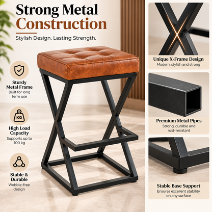 ANISHWAR 25 Inch Cushioned Metal Stool | Brown Tufted Seat with Black Metal Frame | Heavy Duty Stool for Kitchen, Home & Bar | Pre-Assembled