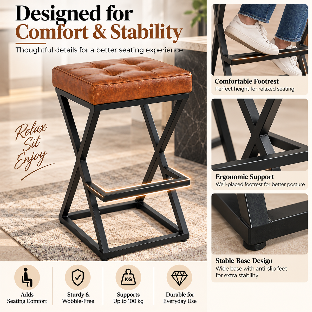 ANISHWAR 25 Inch Cushioned Metal Stool | Brown Tufted Seat with Black Metal Frame | Heavy Duty Stool for Kitchen, Home & Bar | Pre-Assembled