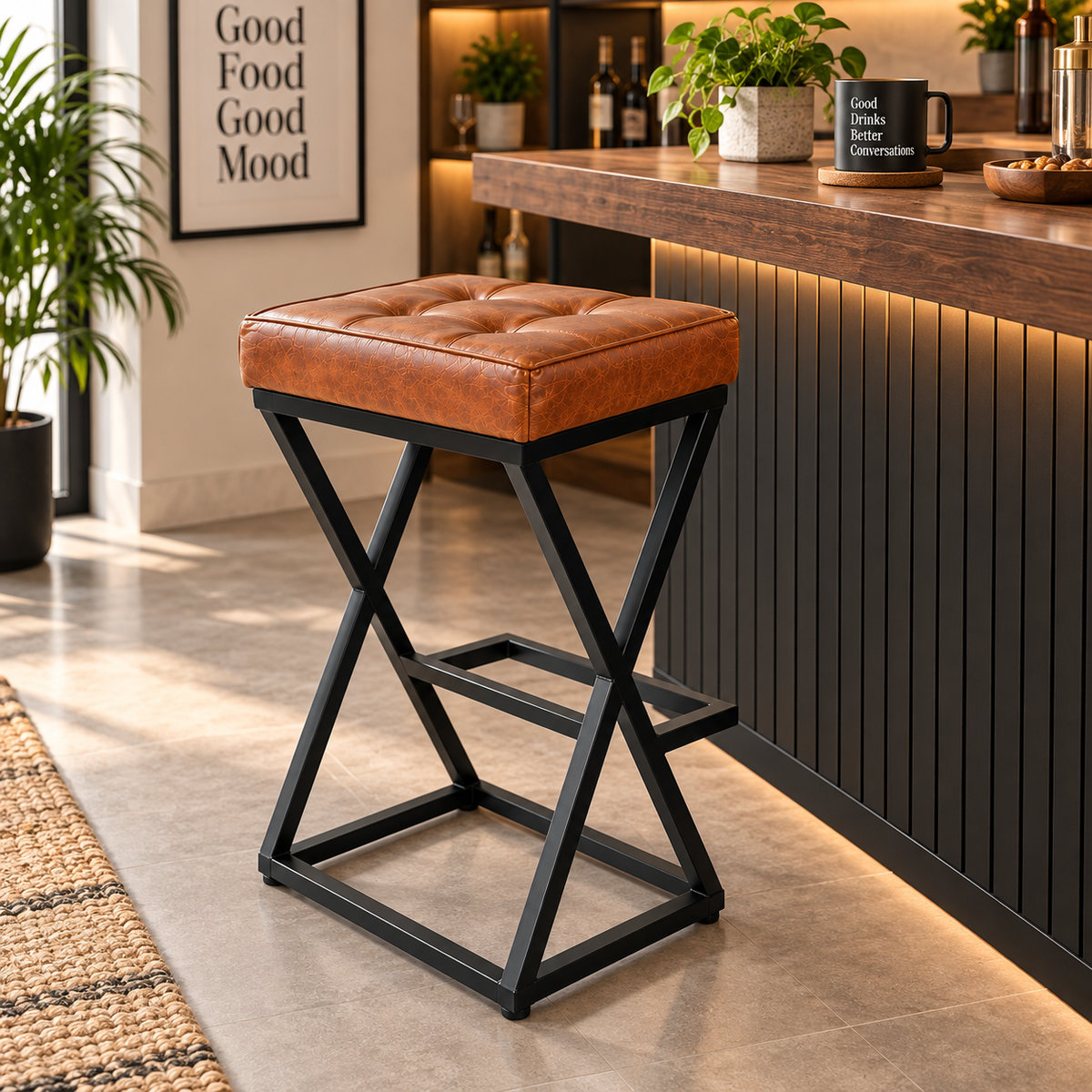 ANISHWAR 25 Inch Cushioned Metal Stool | Brown Tufted Seat with Black Metal Frame | Heavy Duty Stool for Kitchen, Home & Bar | Pre-Assembled