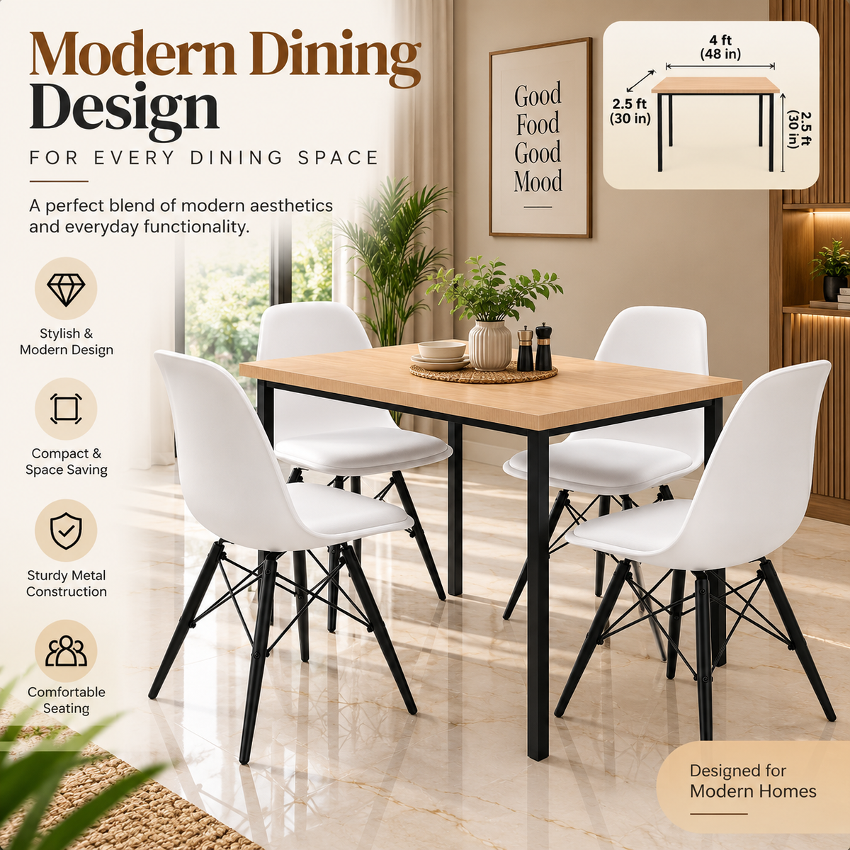 ANISHWAR 4 Seater Dining Table Set with 4 Chairs | 48 × 30 × 30 Inch Dining Table | Modern Wooden Finish Table | Strong Metal Frame | Premium Dining Set