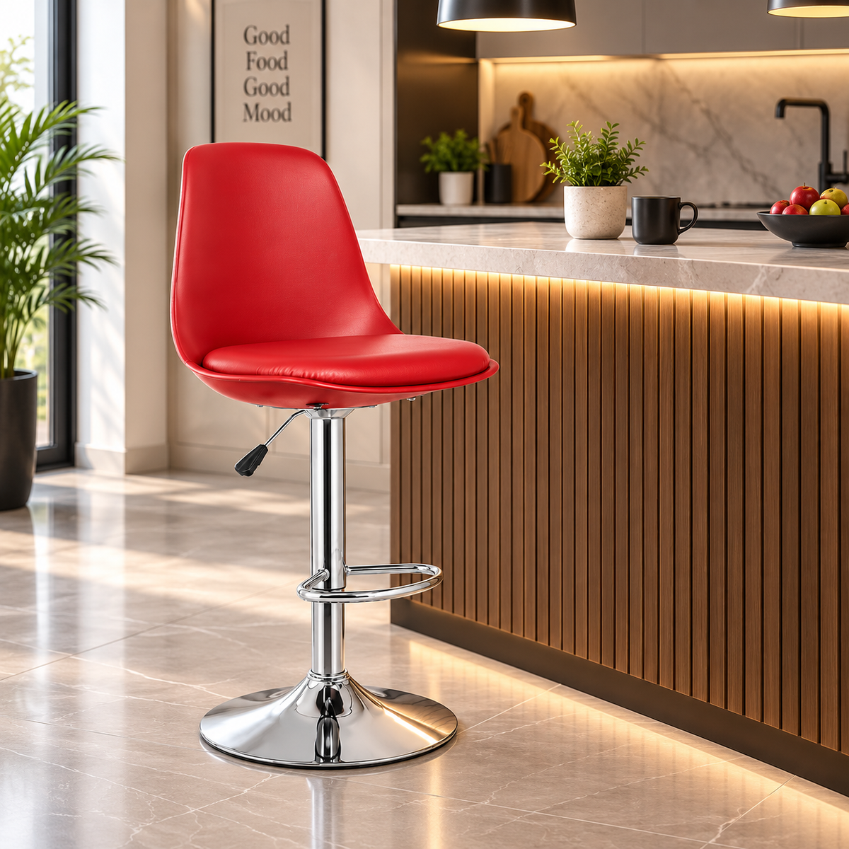 ANISHWAR Adjustable Bar Stool | Red Padded Seat with Chrome Metal Base | 360° Swivel Counter Stool | Height Adjustable Kitchen & Bar Chair | Modern Stool