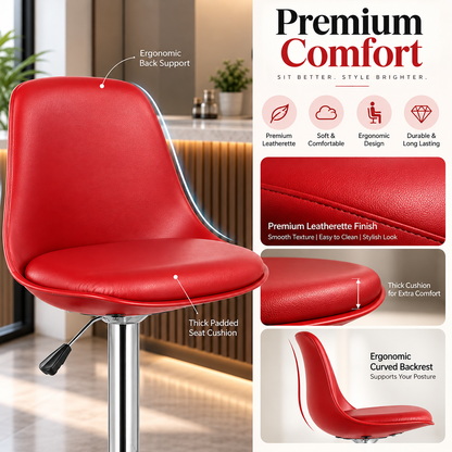 ANISHWAR Adjustable Bar Stool | Red Padded Seat with Chrome Metal Base | 360° Swivel Counter Stool | Height Adjustable Kitchen & Bar Chair | Modern Stool