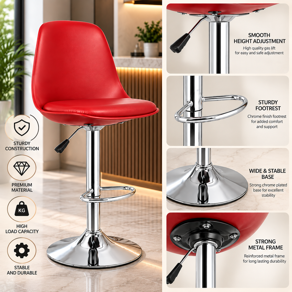 ANISHWAR Adjustable Bar Stool | Red Padded Seat with Chrome Metal Base | 360° Swivel Counter Stool | Height Adjustable Kitchen & Bar Chair | Modern Stool