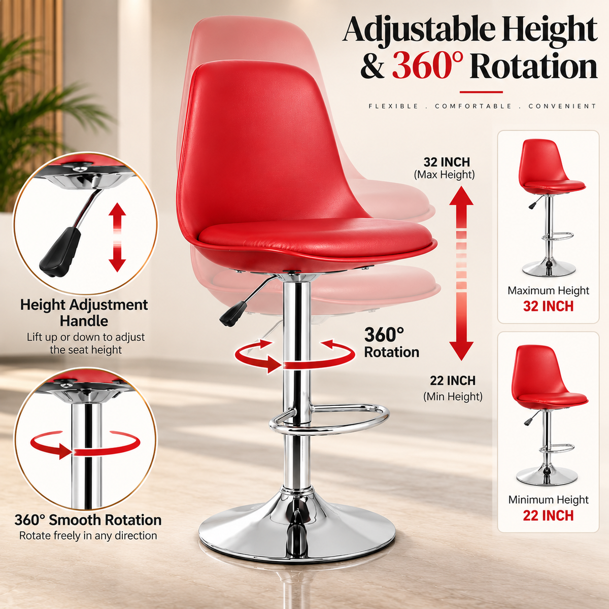 ANISHWAR Adjustable Bar Stool | Red Padded Seat with Chrome Metal Base | 360° Swivel Counter Stool | Height Adjustable Kitchen & Bar Chair | Modern Stool