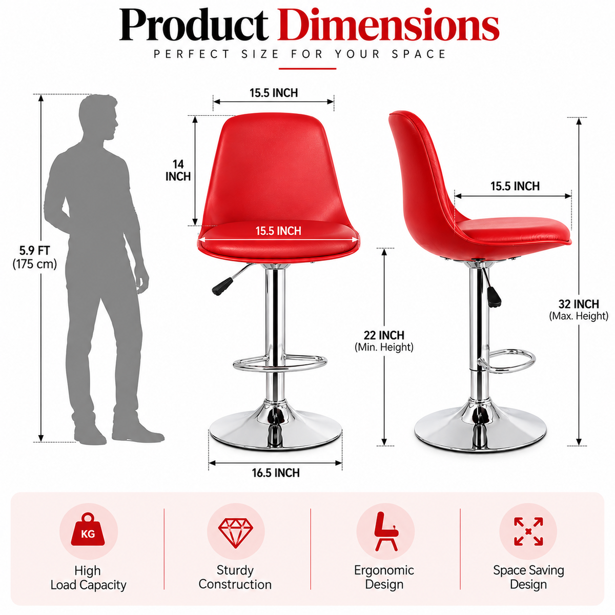 ANISHWAR Adjustable Bar Stool | Red Padded Seat with Chrome Metal Base | 360° Swivel Counter Stool | Height Adjustable Kitchen & Bar Chair | Modern Stool