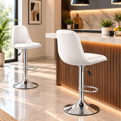 ANISHWAR Adjustable Bar Stool | White Padded Seat with Chrome Metal Base | 360° Swivel Counter Stool | Height Adjustable Kitchen & Bar Chair | Modern Stool