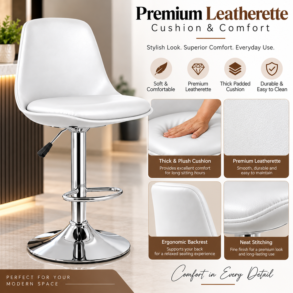 ANISHWAR Adjustable Bar Stool | White Padded Seat with Chrome Metal Base | 360° Swivel Counter Stool | Height Adjustable Kitchen & Bar Chair | Modern Stool
